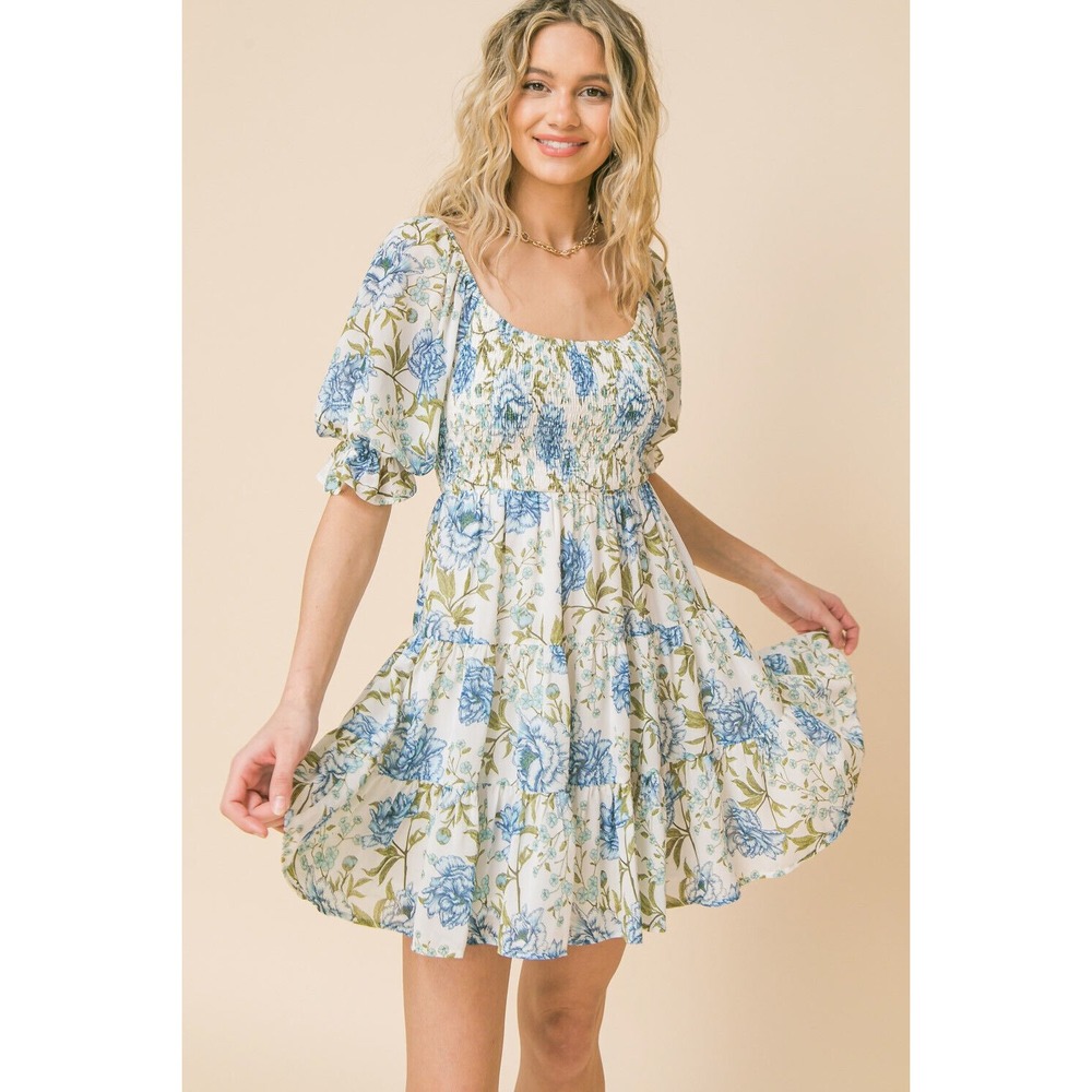 Flying Tomato Boho Cottagecore Floral Puff Sleeve Mini Dress Size Small